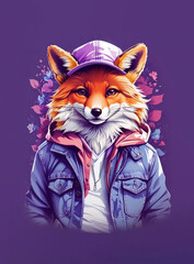 Cartoon Illustration of fox. An animal dressed up in denim jacket, cap and sunglasses.