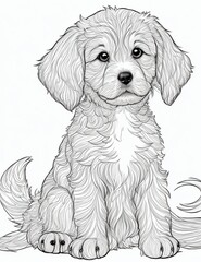 Coloring page, for adults, the cute gaze of a puppy, thin black lines white background, AI Generative