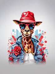 Cartoon Illustration of giraffe. An animal dressed up in denim jacket, cap and sunglasses.