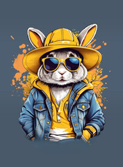Cartoon Illustration of rabbit. An animal dressed up in denim jacket, cap and sunglasses.