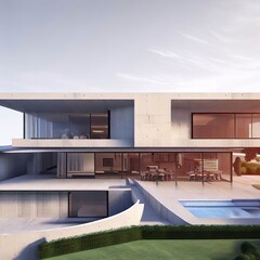 Fototapeta na wymiar 3d rendering of an impressive contemporary villa in exposed cement with garden and pool