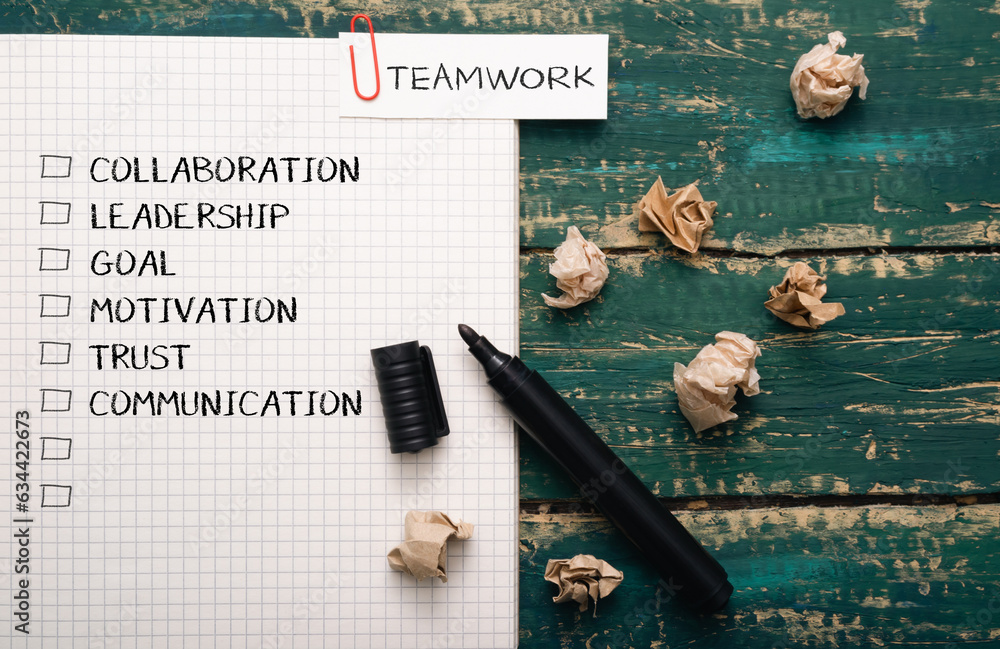Poster description of what is teamwork in a notebook in a cage