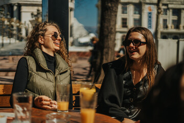 Two lovely girls having conversation and smiling while sitting at the coffee bar terrace