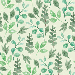 Seamless watercolor floral pattern - green leaves and branches composition on beige background, perfect for wrappers, wallpapers, postcards, greeting cards, wedding invitations, romantic events.