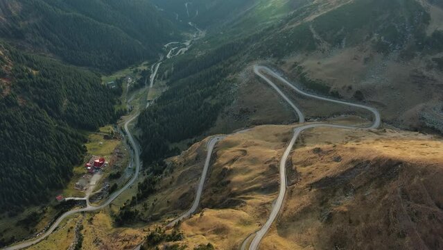 Aerial view of the famous Transfagarash mountain road in Romania, 4k