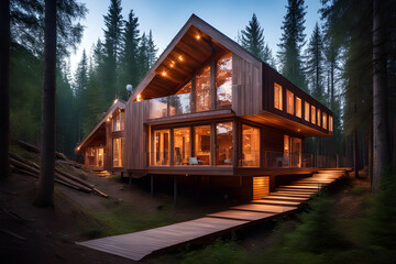 An Eco-Friendly Wooden House Illuminated Amidst Forest Landscape Embracing Ecological Concepts and Eco-Architecture Principles