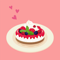 Raspberry cheesecake, sweet fruit dessert with whipped cream on plate, vector.
