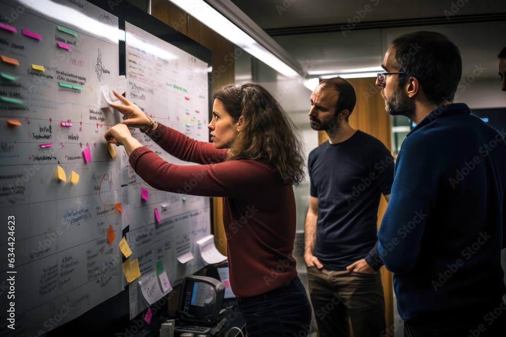 Poster researchers huddled around a whiteboard covered with notes and diagrams, deep in discussion