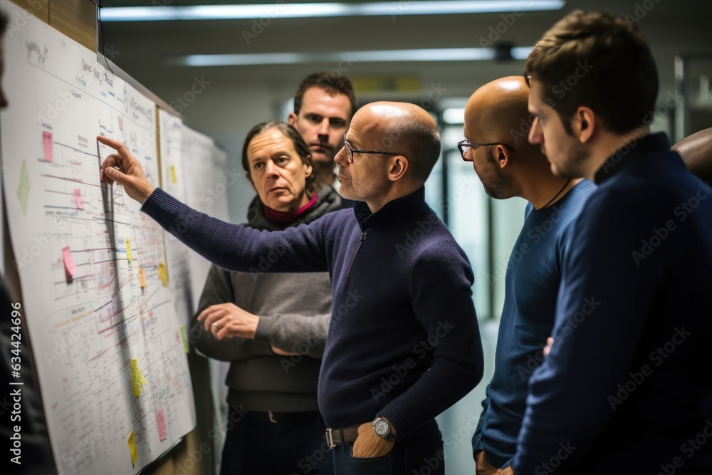 Poster researchers huddled around a whiteboard covered with notes and diagrams, deep in discussion