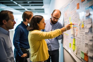 Researchers conversation around a whiteboard, showcasing notes and diagrams, research synergy