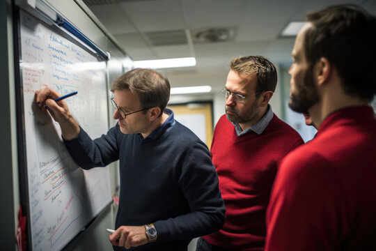 researchers huddled around a whiteboard, animatedly discussing, notes and diagrams tell the story