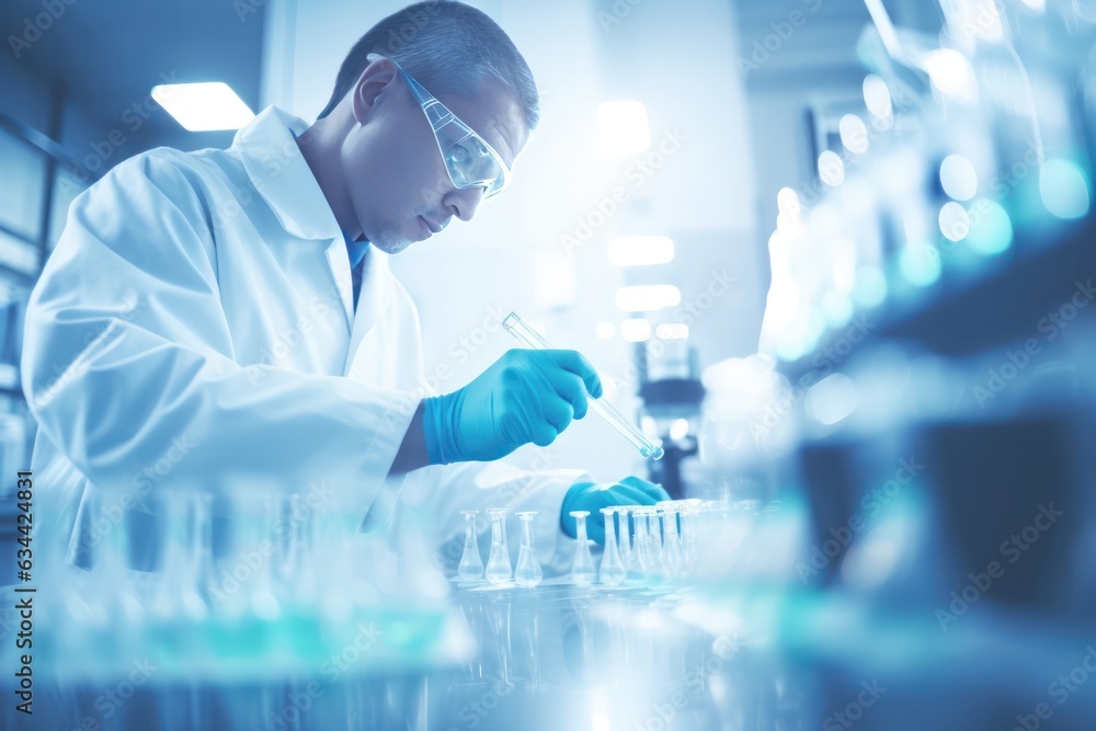 Poster portrait scientist medical research, deftly handling a micro pipette and advanced instruments.