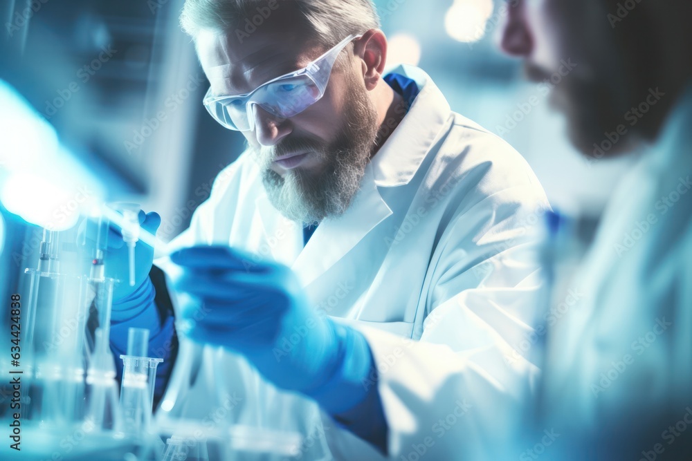 Poster scientists excels in medical research, micro pipette and advanced lab gear in action.