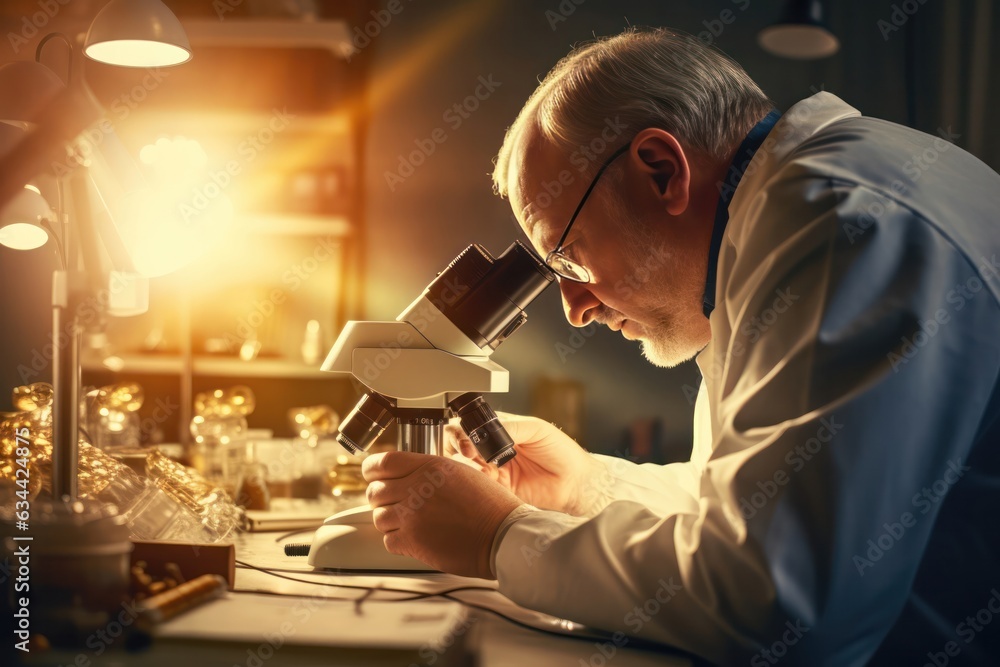 Poster senior scientist at a microscope in laboratory, golden light, hands and the microscope