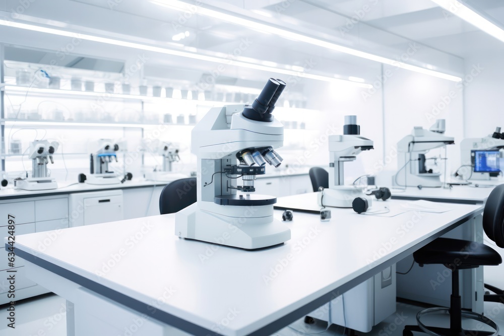 Poster modern microscope equipment on a table in clean empty laboratory, sense of discovery