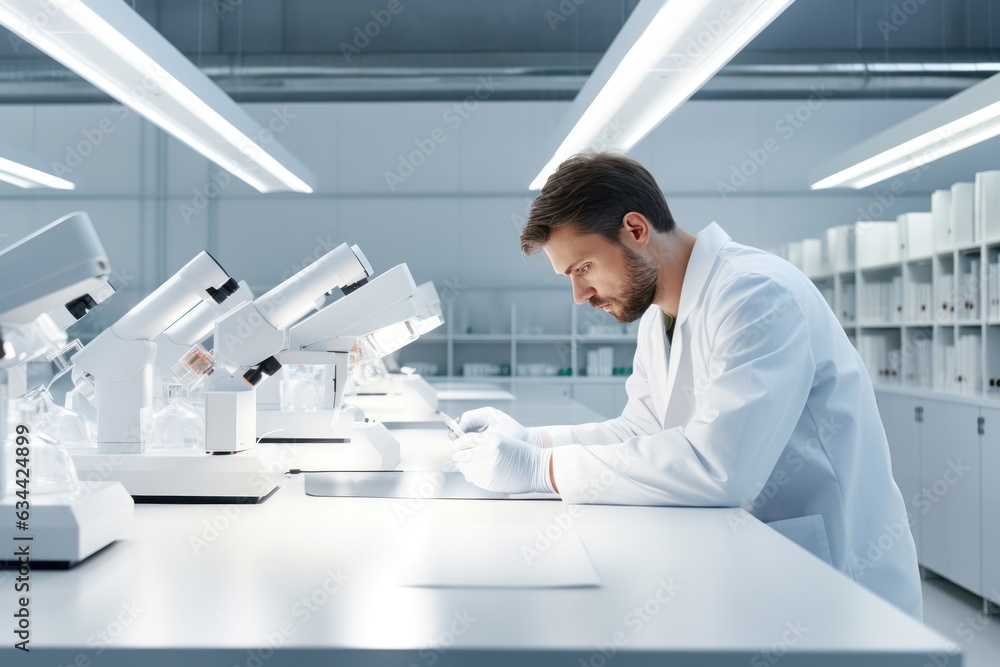 Poster scientist at a microscope in a clean and minimalistic laboratory focused on the research.