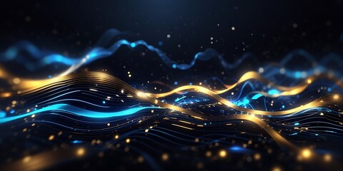 Abstract futuristic dark blue wave line background with glowing light effect.