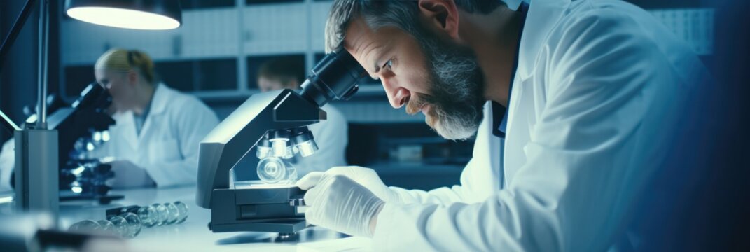 Scientist in lab utilizes microscope for pioneering medical and scientific research endeavors