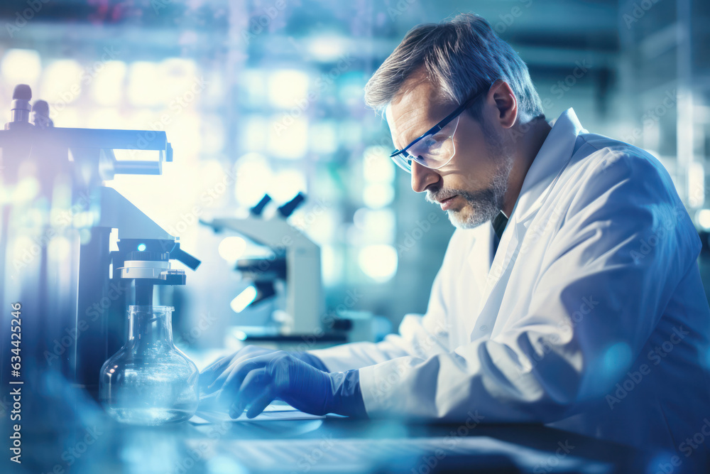 Fototapete scientist intently using a micro pipette and microscope, laboratory instruments in modern lan