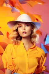 A beautiful portrait of a fashionable woman wearing an autumnal yellow and orange hat captures the essence of the season with her vibrant style