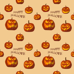 Happy Halloween. Terrible pumpkin heads with different faces. Fiery eyes.