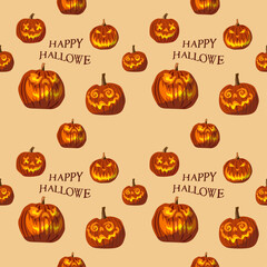 Happy Halloween. Terrible pumpkin heads with different faces. Fiery eyes.