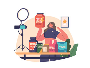 Influencer Female Character Promotes Sports Nutrition Products, Showcasing Their Benefits Through Engaging Content