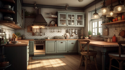 n in vintage rustic style with wooden furniture in a cottage. modern kitchen