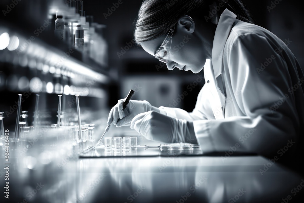 Poster portrait showcases scientist precision in medical research, micro pipette and advanced lab setup
