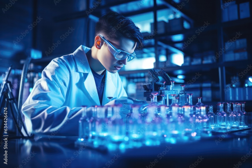 Poster scientist medical research expertise, micro pipette and advanced lab instruments highlighted.