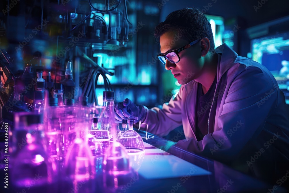 Poster portrait scientist medical research, deftly handling a micro pipette and advanced instruments.