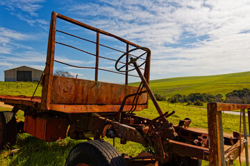 An old, rusty chassis of a vintage lorry on a farm near Caledon