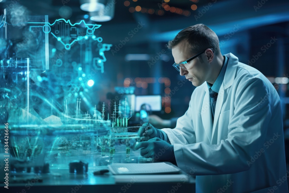 Poster futuristic technologic lab, modern microscope assists researcher scientist in experiment