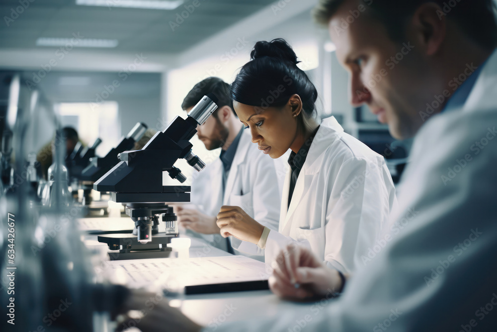 Poster Microscopes and lab equipment in a modern lab global collaboration diverse scientists in research.