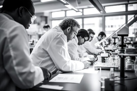 black and white photo of diverse scientists in modern lab, united by microscopes and lab equipment.