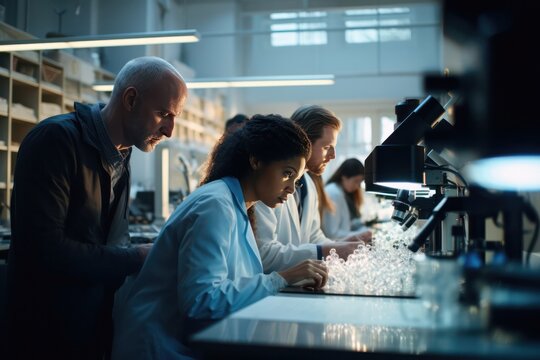 Global collaboration in medical research, diverse scientists wield microscopes and lab equipment