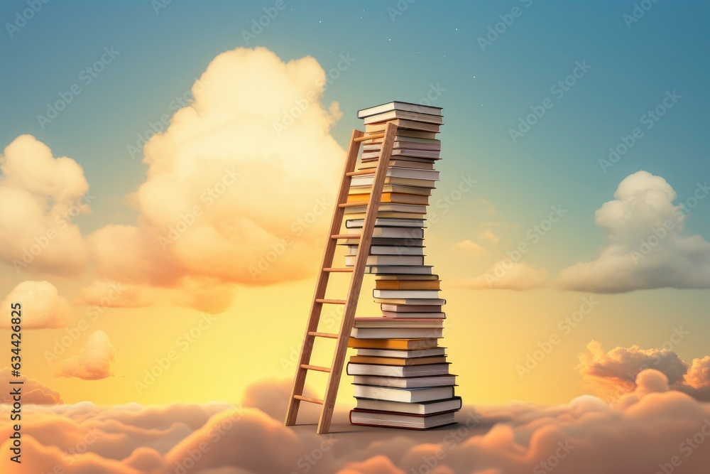 Wall mural abstract book stack with ladder on sky with clouds background. ladder going on top of huge stack of 