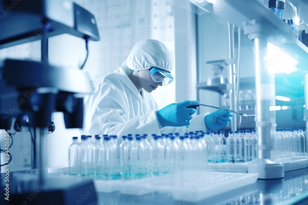 Poster modern lab: scientist's hands control micro pipette, synonymous with medical analysis process.