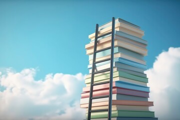 Abstract book stack with ladder on sky with clouds background. Ladder going on top of huge stack of books. Education and growth concept. 3D Rendering - obrazy, fototapety, plakaty