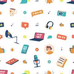 Seamless Pattern Featuring Various Podcast-related Items Such As Microphones, Headphones, And Sound Waves