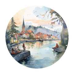 Watercolor illustration  small town on the  lake. Generative Ai