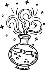 A bottle of witchcraft potion. Mystical monochrome illustration in boho style. Silhouette of a bottle with a magic elixir or poison. Occult vector symbol. An alchemy design element. Esoteric mystical 