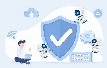 Protection and artificial intelligence (AI) technology concept. Man control AI robot holding big shield, protect, safety, security, password and other sensitive items from cyber attack. 