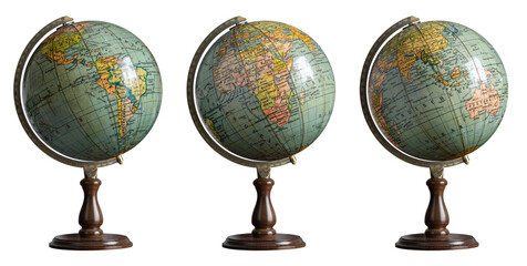 Old world Globe isolated on white background. Three hemispheres of the globe in antique style. South and North America and Africa, Asia, Europe, Australia.