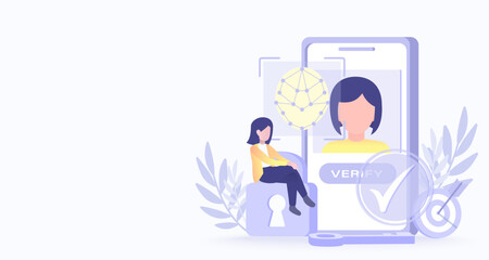 Safety and security technology concept. Protect personal detail, and account from hacker and cyber attack. Verify and identify by scanning face. Flat vector design illustration with copy space.