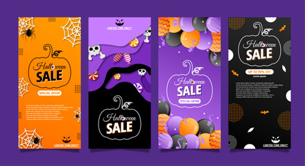 Halloween sale cards, banner, flyer, background. A set of colorful posters with balloons and frames. Template for congratulations. Vector illustration in a paper cut style. Place for text.
