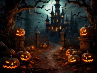 Halloween pumpkins in front of a castle