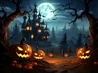 Fototapeta na wymiar Halloween pumpkins in front of a castle