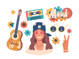 Naklejka premium Hippie Icons Set. Guitar, Tape, Hand With Peace Gesture And Person. Vibrant And Symbolic Images, Vector Illustration