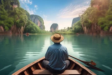 Foto op Canvas A man floats in a boat on the river among of the rainforest, Beautiful jungle nature realistic background wallpaper illustration Generative AI © Artem